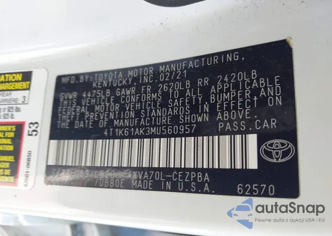 2021 Toyota Camry Xse from USA, damaged, VIN 4T1K61AK3MU560957